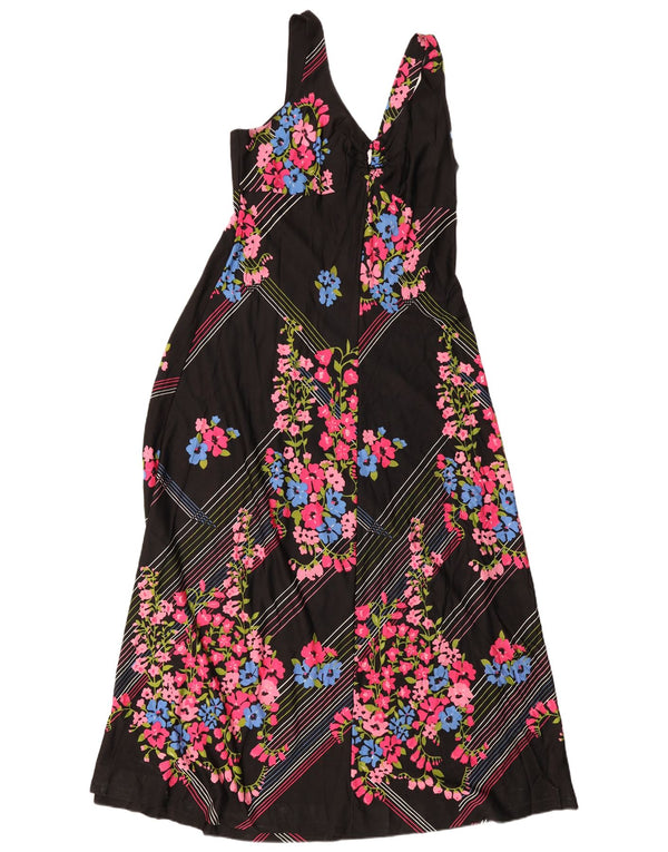Abito lungo senza maniche vintage da donna UK 12 medio nero floreale