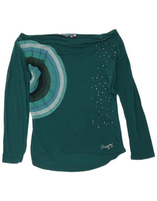 Desigual Donna Graphic Top Manica Lunga UK 8 Small Verde Geometrico