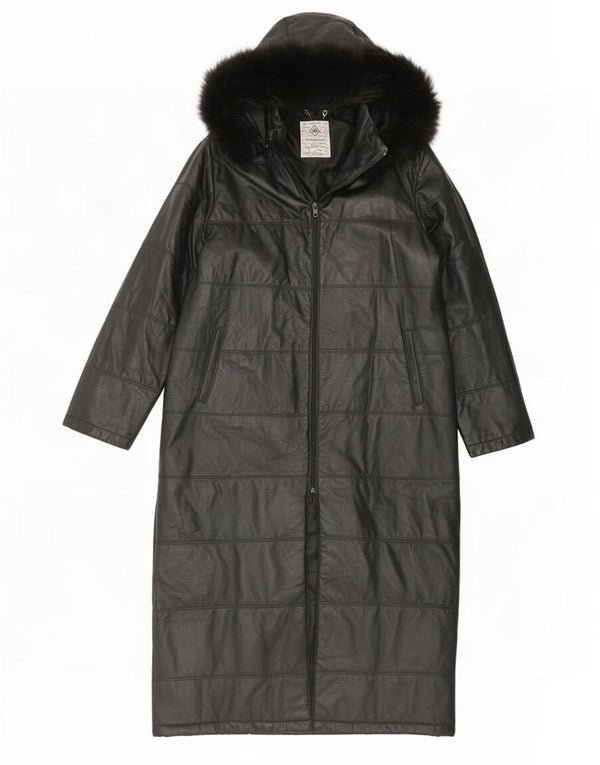 Cappotto vintage in pelle imbottito con cappuccio da donna UK 14 grande nero