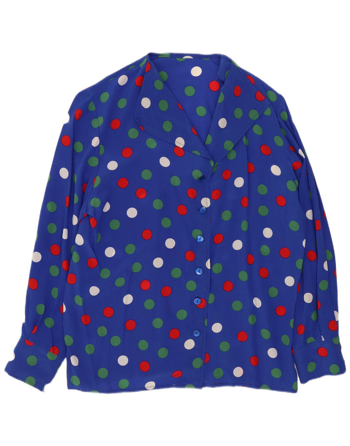 Camicetta camicia vintage da donna UK 14 grande blu maculato