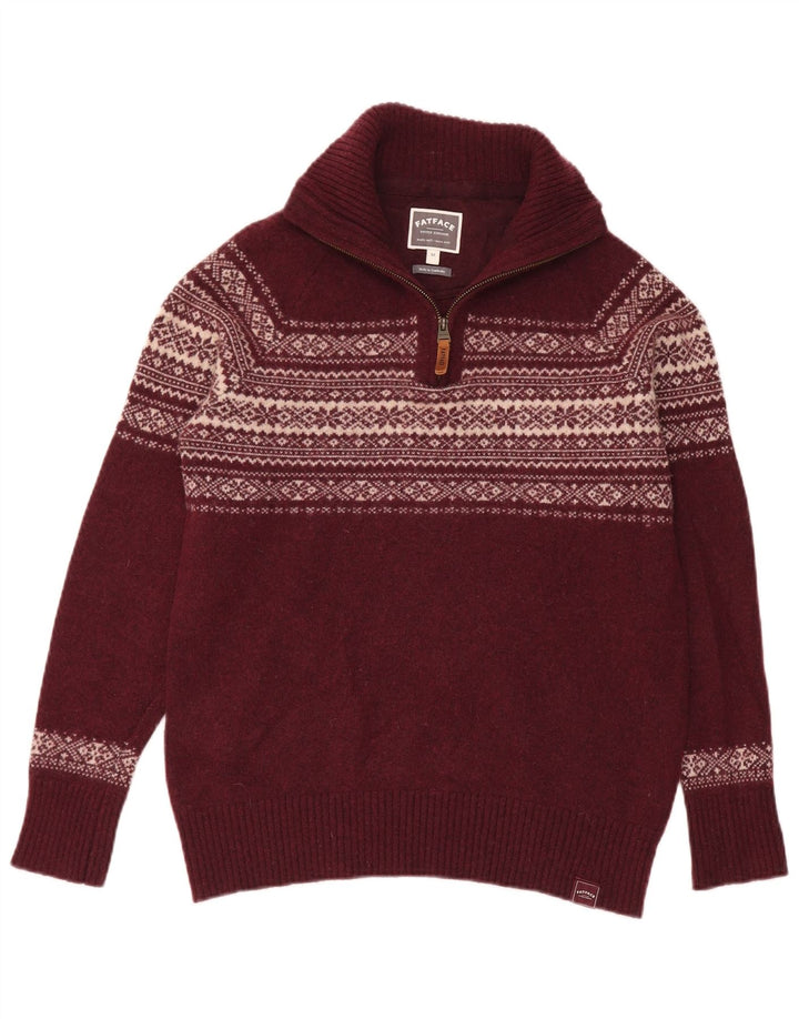 Fat Face Maglione da uomo con zip e collo in lana Fair Isle bordeaux medio