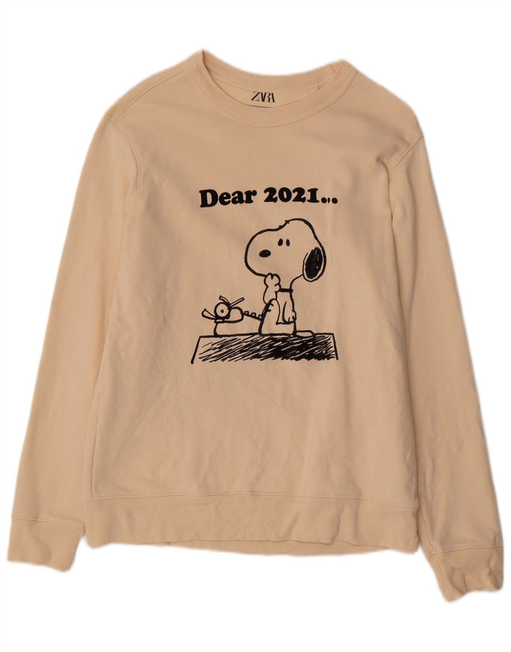 Felpa grafica Zara da uomo con grafica Peanuts, cotone beige medio