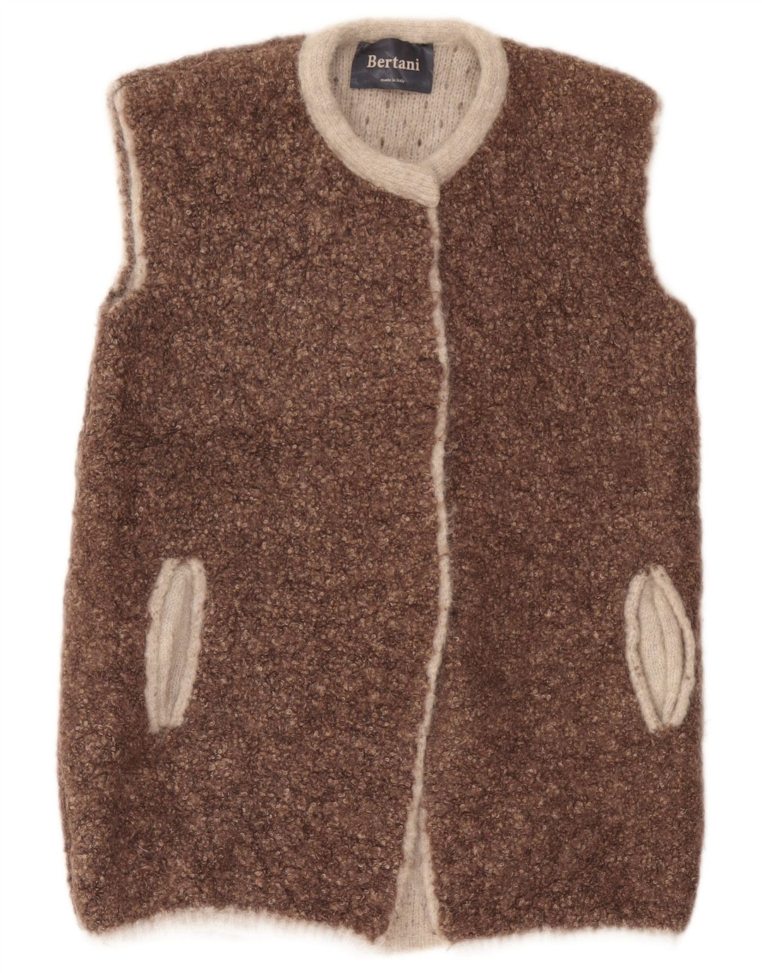 Maglione cardigan aperto senza maniche da donna vintage UK 14 Marrone medio