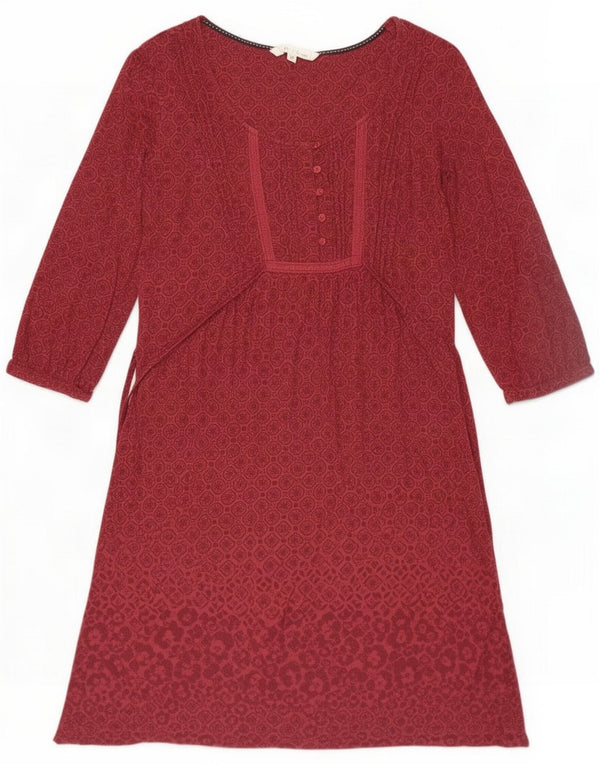 Fat Face Womens 3/4 Sleeve Basic Dress UK 12 Medium Burgundy Ikat Viscose