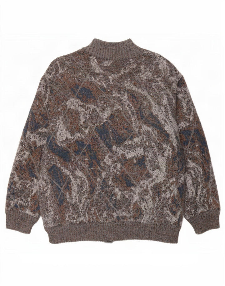 Giubbotto bomber lavorato a maglia da uomo vintage UK 36 piccolo grigio a rombi/lana diamante