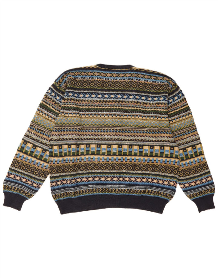 Maglione cardigan da donna vintage UK 16 Grande motivo geometrico multicolore