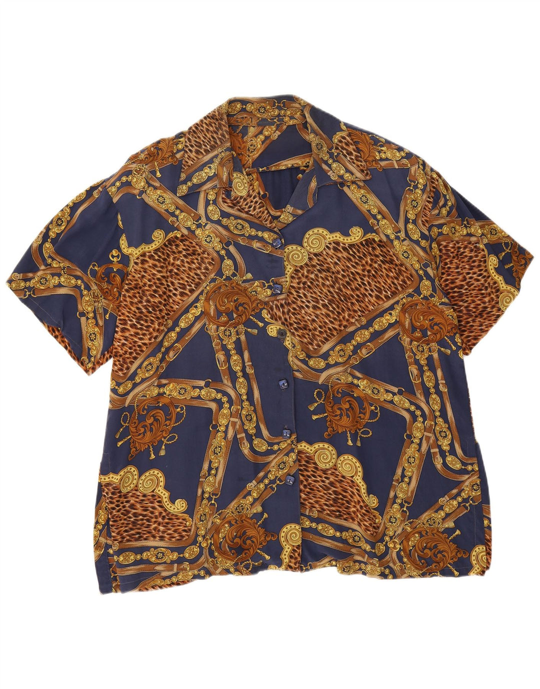 Camicetta camicia vintage da donna con motivo astratto UK 18 XL blu navy