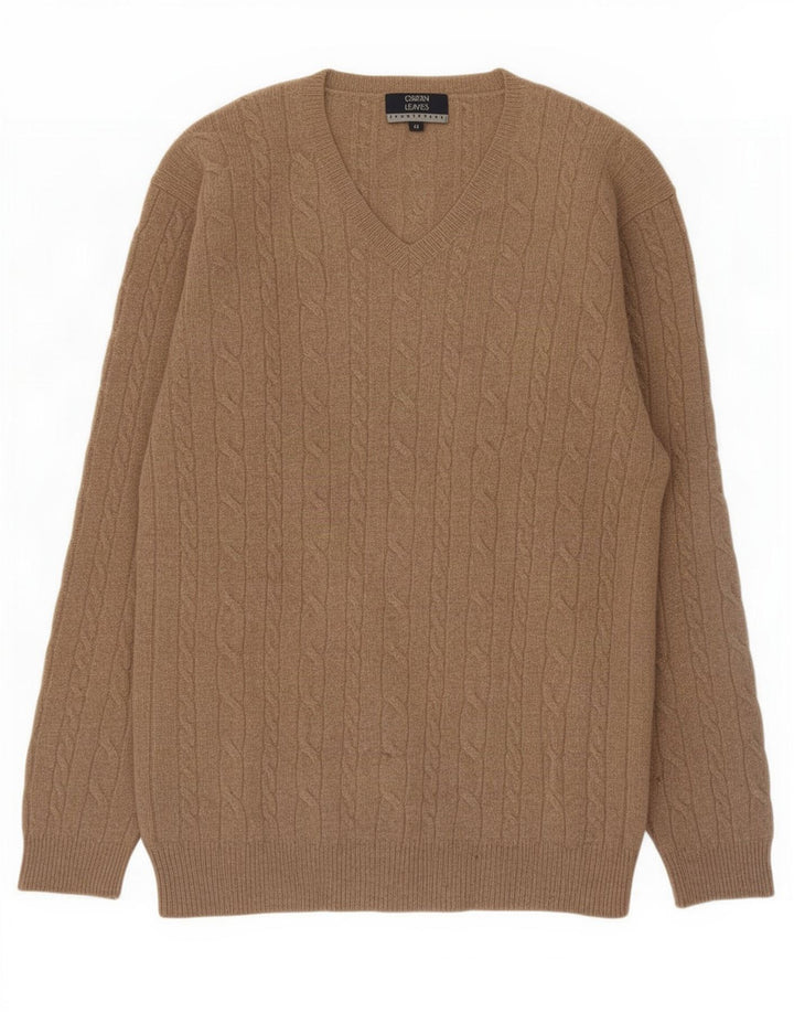 Maglione da uomo con scollo a V Green Leaves in lana beige medio