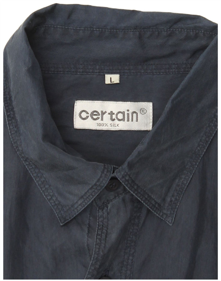 Camicia vintage da uomo a maniche corte grande in seta blu navy