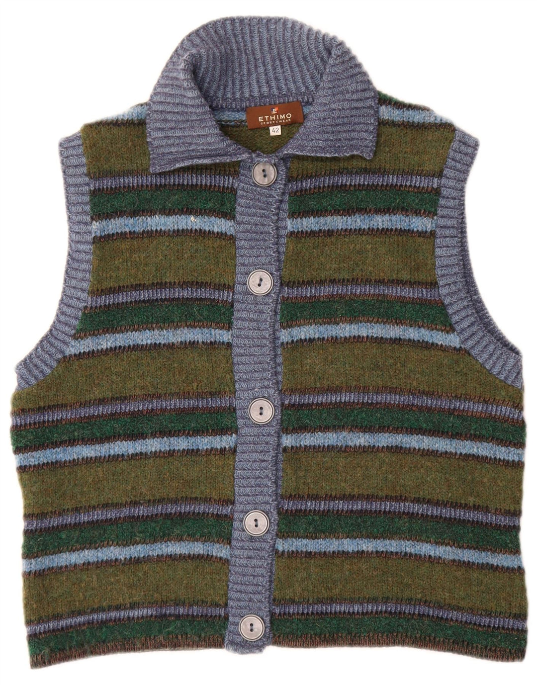 Maglione cardigan senza maniche da donna Ethimo EU 42 lana a righe verdi grandi