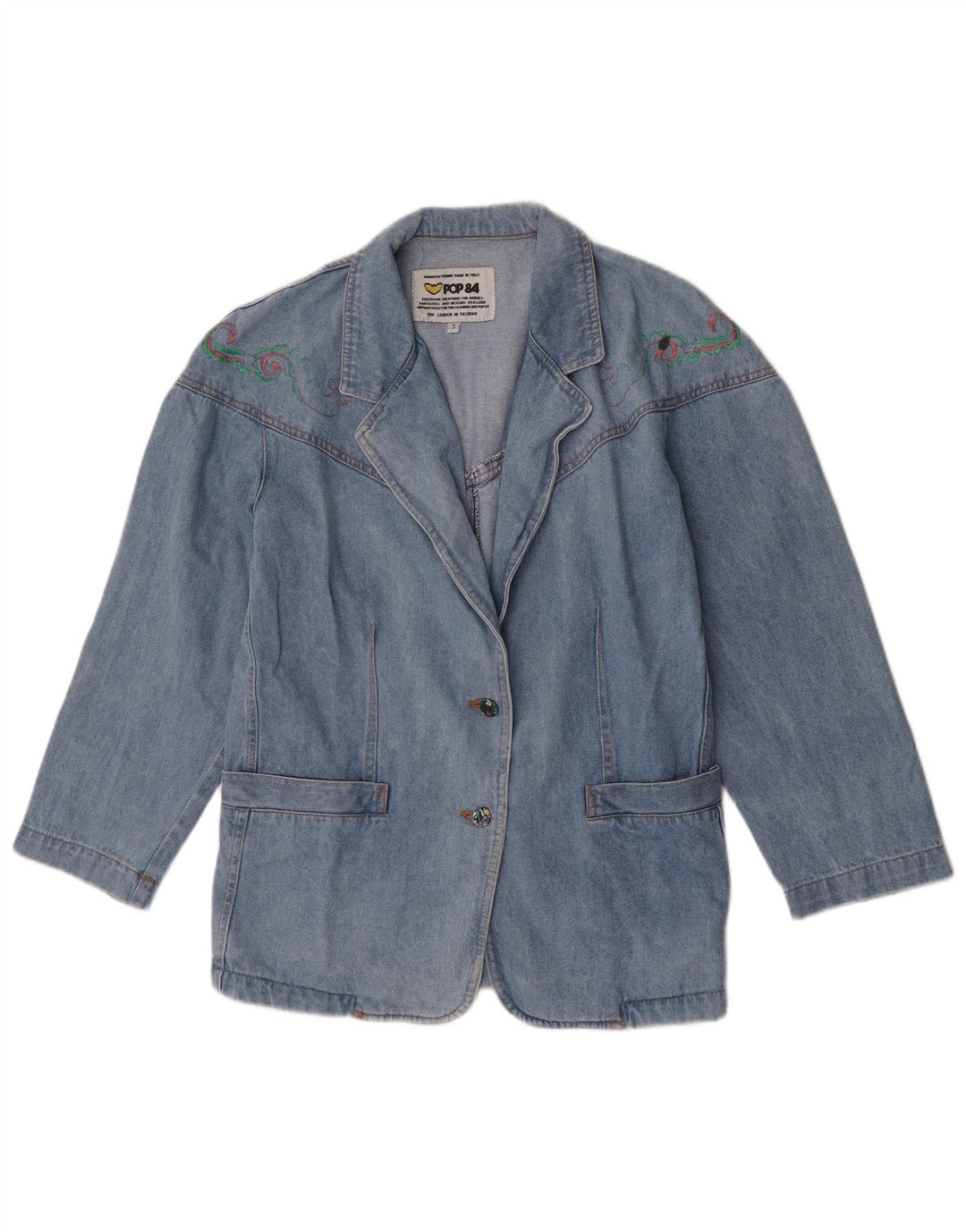 POP 84 Giacca blazer in denim a 2 bottoni da donna UK 10 piccola blu