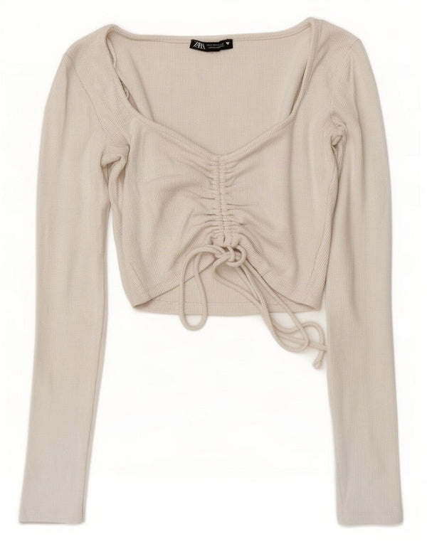 Top corto da donna Zara con allacciatura frontale a maniche lunghe UK 10 piccolo in cotone bianco