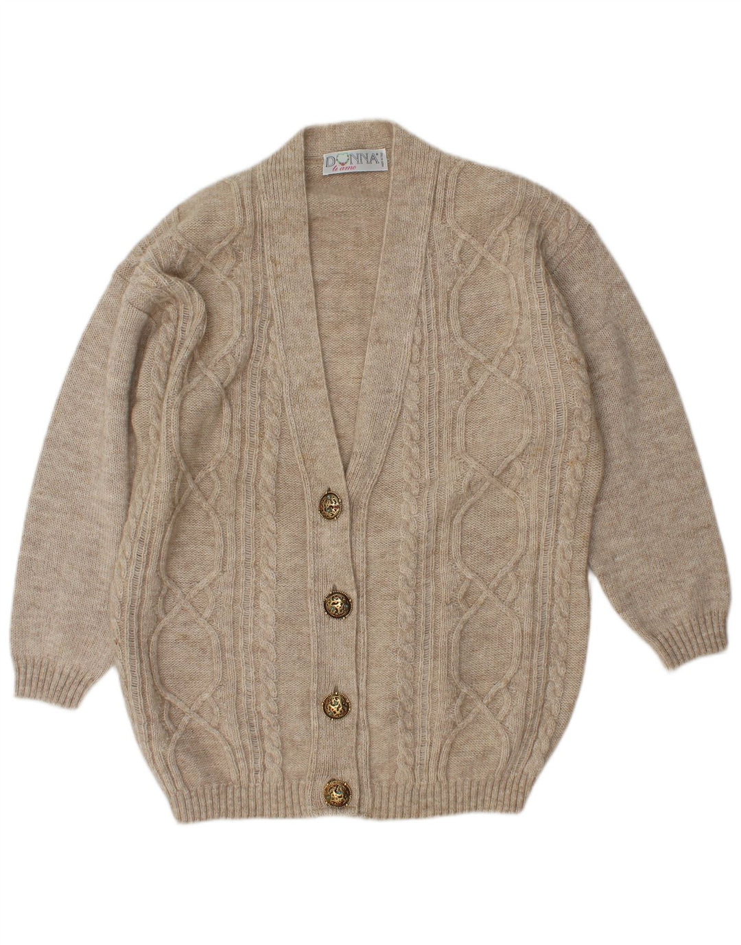 Maglione cardigan oversize da donna vintage UK 14 Lana beige medio