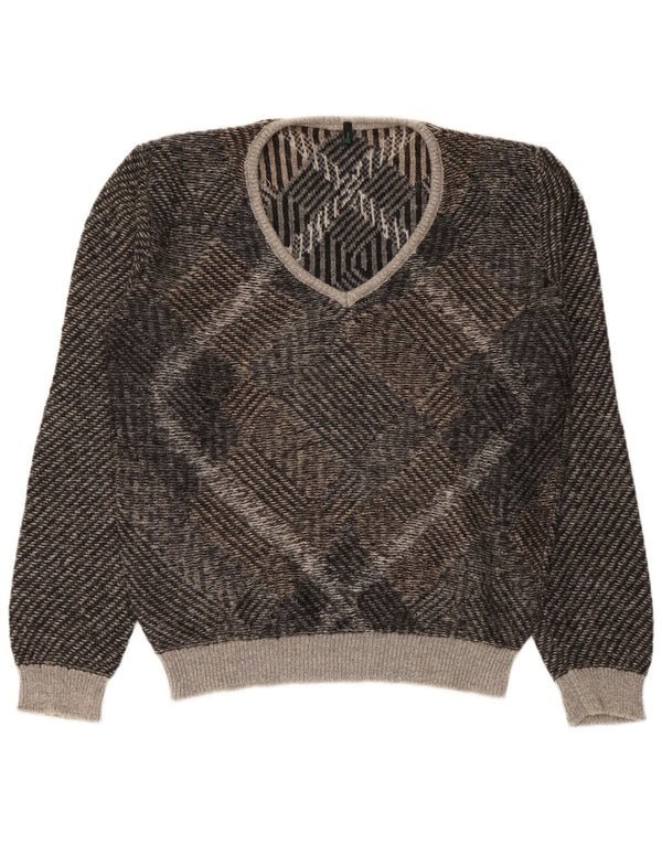 Maglione da uomo con scollo a V Benetton, grande acrilico geometrico marrone