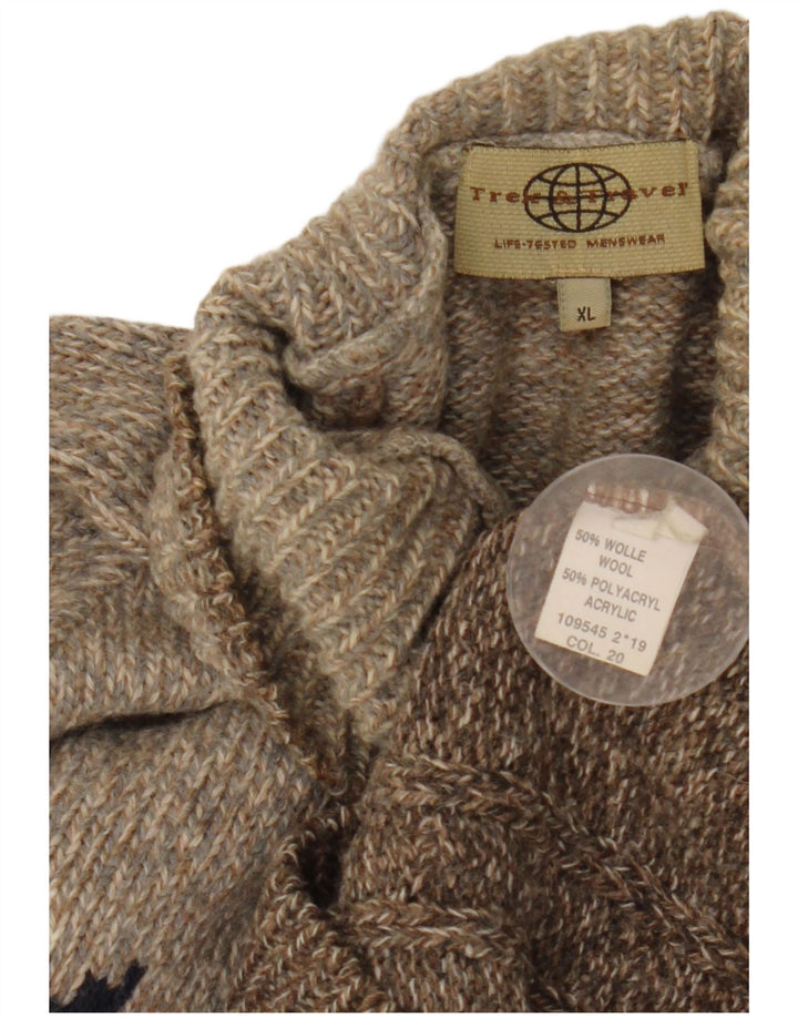 Maglione maglione vintage da uomo con collo alto XL lana Fair Isle marrone