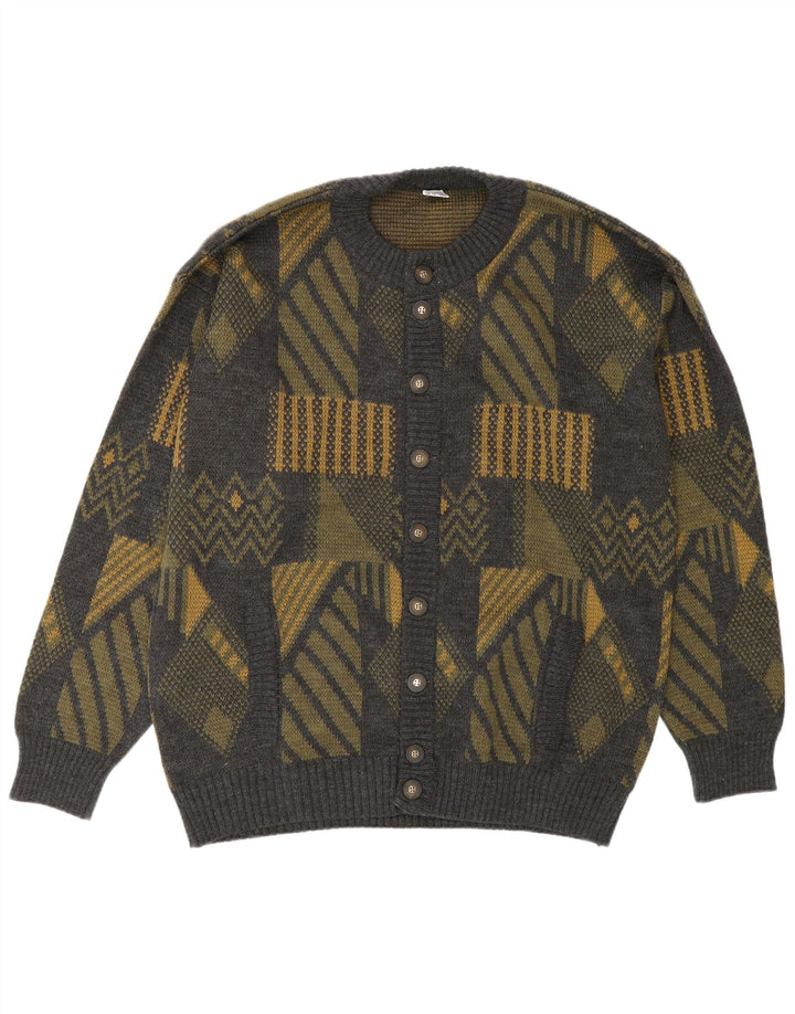 Maglione cardigan da uomo vintage grande poliacrilico geometrico grigio