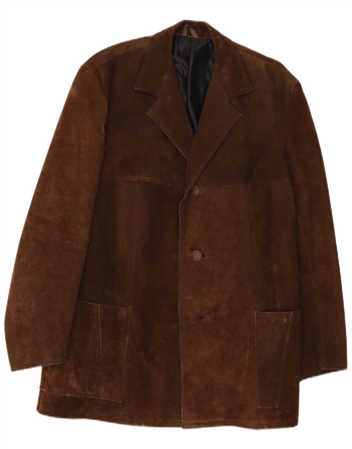 Giacca blazer vintage da uomo in pelle scamosciata a 3 bottoni UK 40 grande marrone