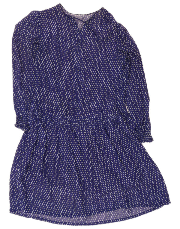 Abito a trapezio a maniche lunghe da donna vintage UK 10 piccolo blu navy maculato