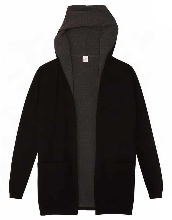 Zara Mens Longline Hooded Open Cardigan Sweater XL Black Cotton