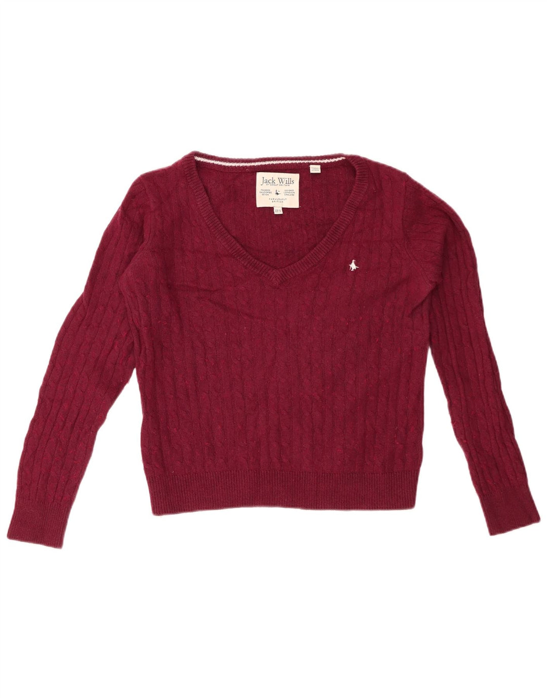 JACK WILLS Maglione corto da donna con scollo a V UK 10 Piccolo cotone bordeaux