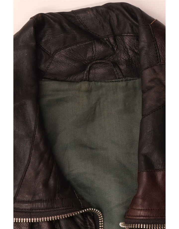 Giacca in pelle vintage da donna UK 20 2XL Patchwork nero