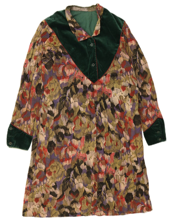 Abito a trapezio a maniche lunghe da donna vintage UK 12 floreale multicolore medio
