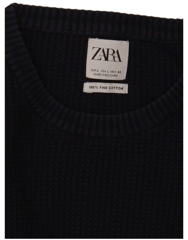 Maglione maglione girocollo da uomo Zara grande in cotone blu navy
