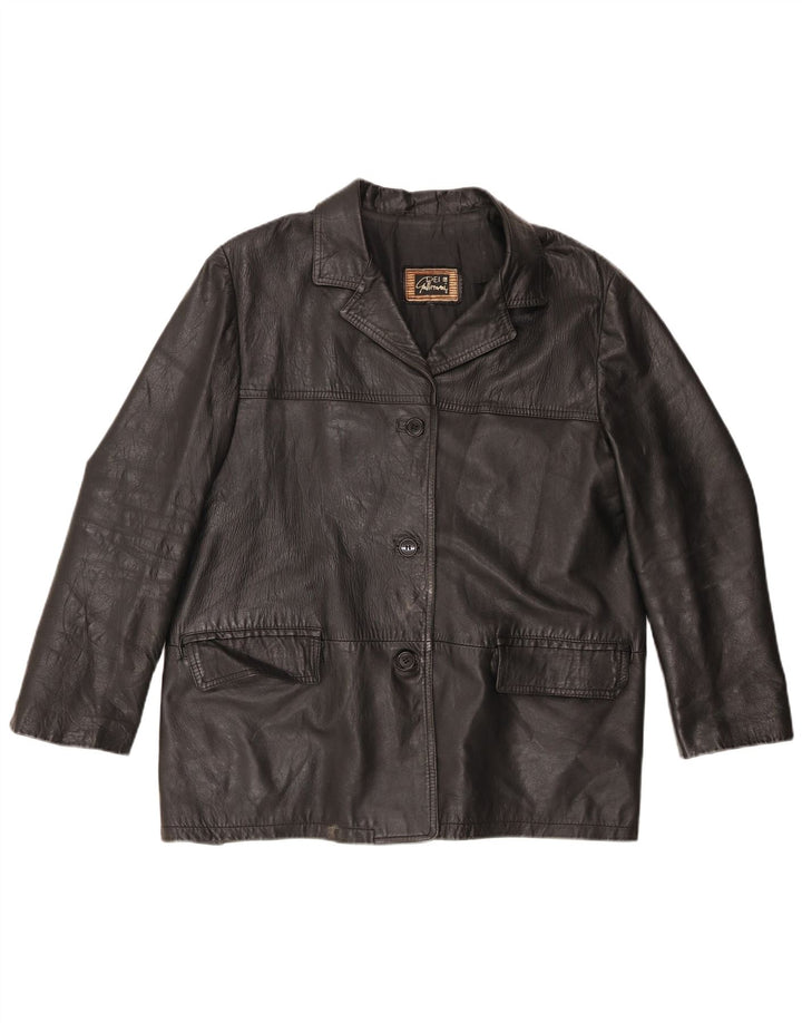 Giacca blazer in pelle oversize da donna vintage a 3 bottoni UK 16 grande nera