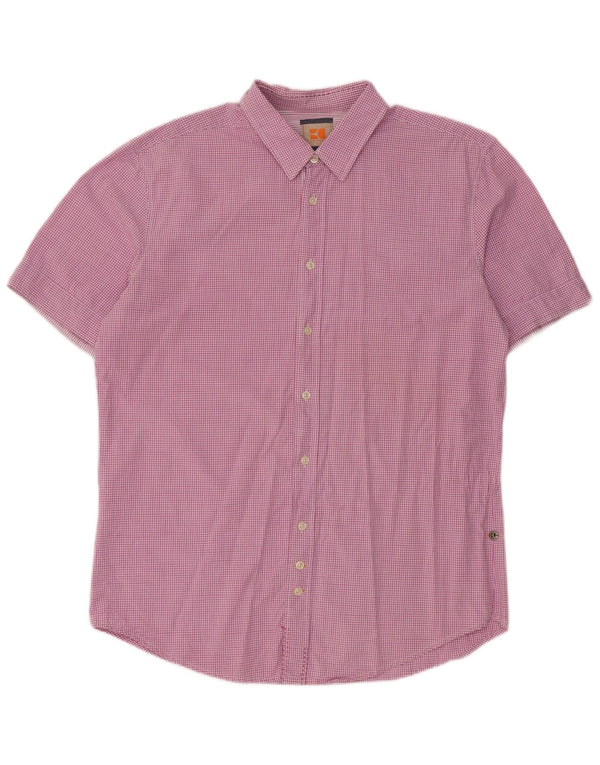 Camicia a maniche corte da uomo Hugo Boss XL in cotone a quadretti rosa