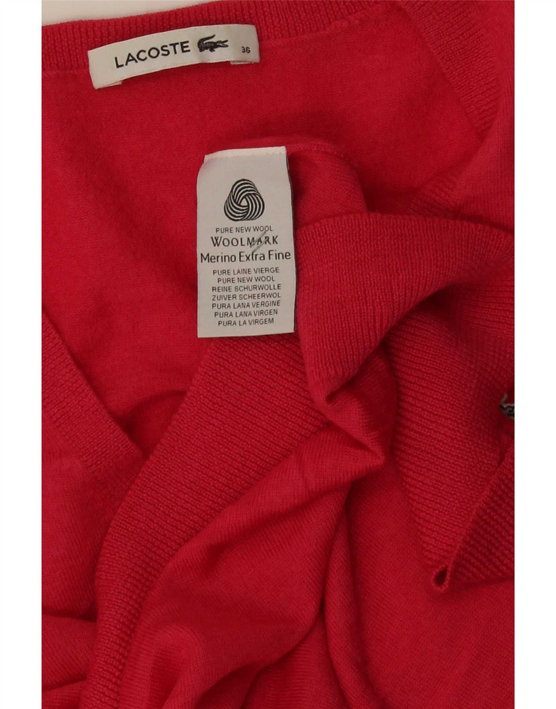 Maglione da donna con scollo a V Lacoste taglia 36 piccolo in lana merino rossa