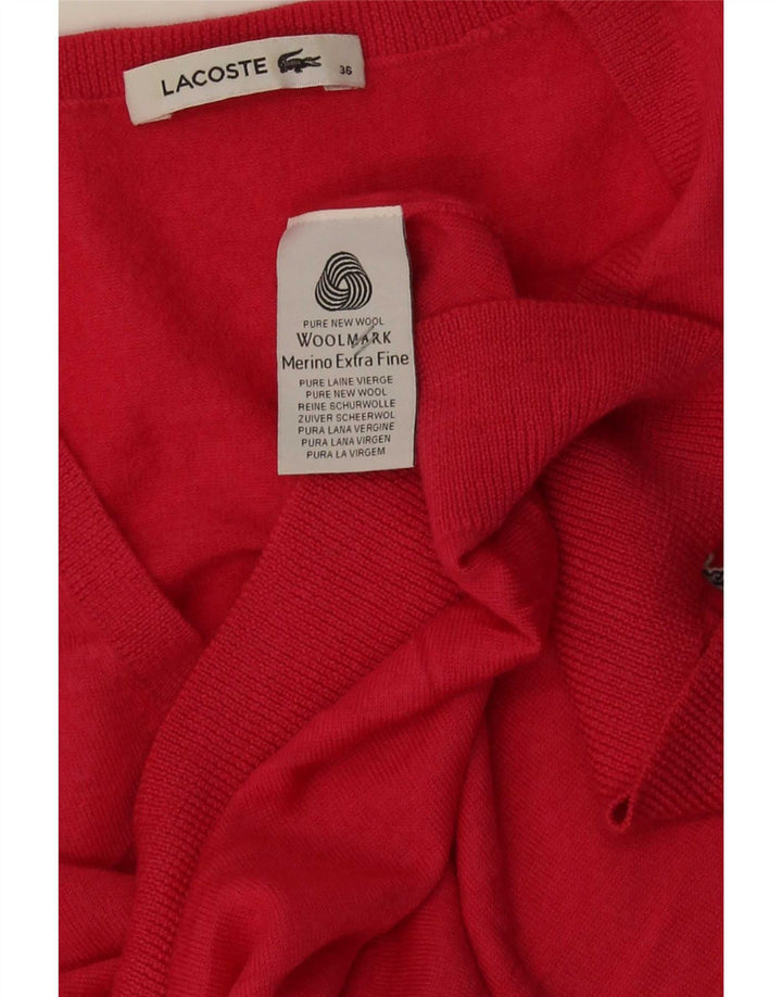 Maglione da donna con scollo a V Lacoste taglia 36 piccolo in lana merino rossa