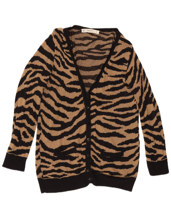 Maglione cardigan lungo da donna Zara UK 16 grande cotone marrone con stampa animalier