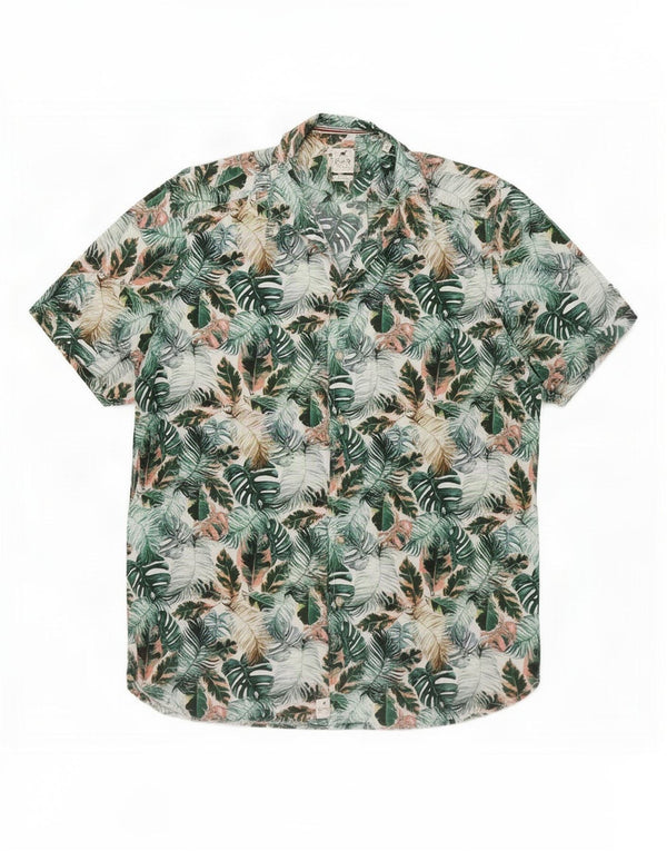 Pure Mens Short Sleeve Shirt Size 43/44 XL Green Floral Cotton