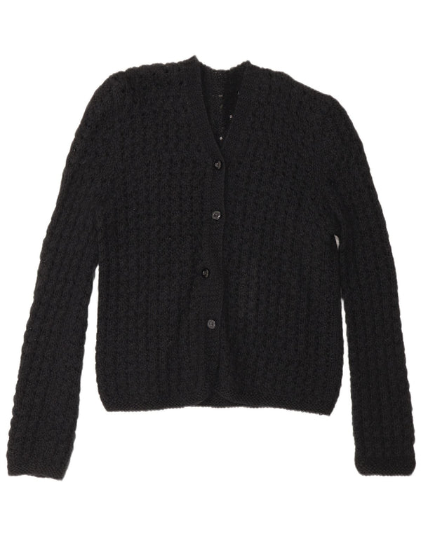 Maglione cardigan all'uncinetto trasparente da donna vintage UK 14 medio nero