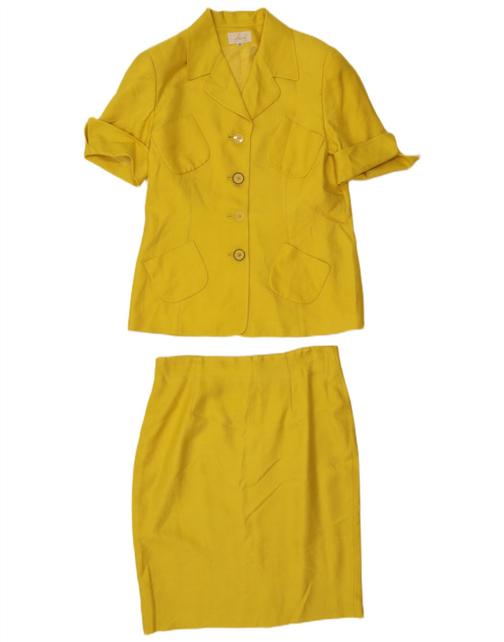 Set gonna vintage da donna a 4 bottoni in 2 pezzi IT 46 grande W32 seta gialla