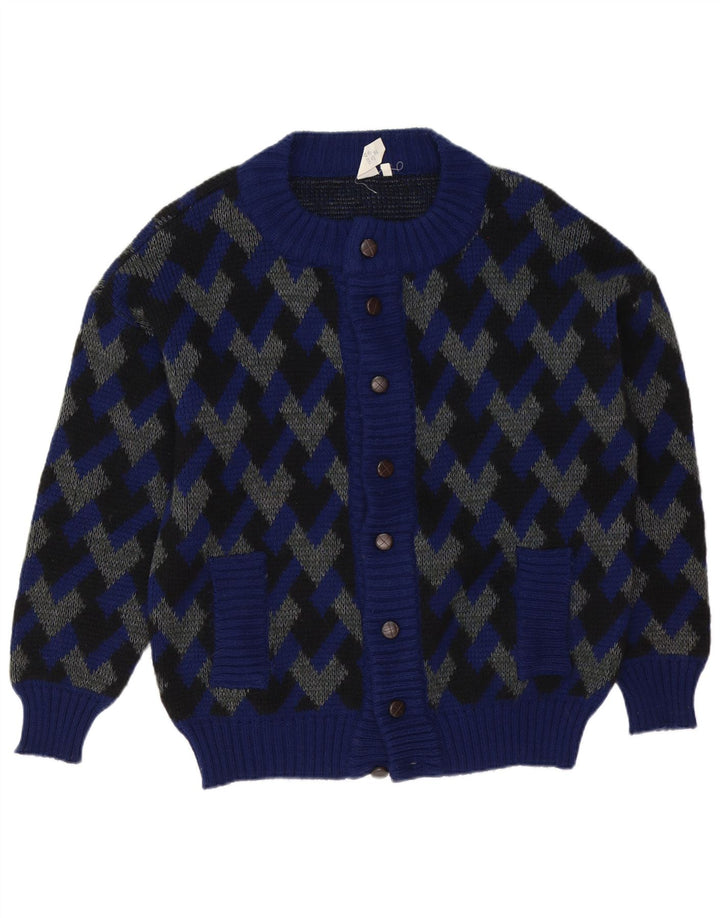 Maglione cardigan da uomo vintage IT 52 Grande lana geometrica blu navy