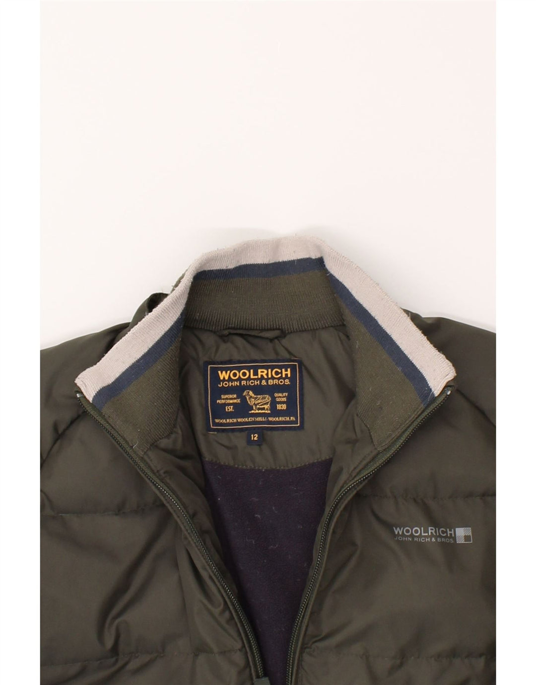 WOOLRICH Boys Graphic Padded Jacket 11-12 Years Green Polyester Vintage Woolrich and Second-Hand Woolrich from Messina Hembry 