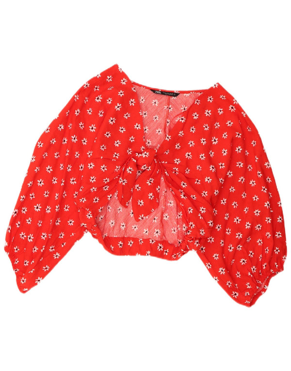 Top corto da donna Zara a maniche lunghe con allacciatura sul davanti UK 12 rosso medio floreale