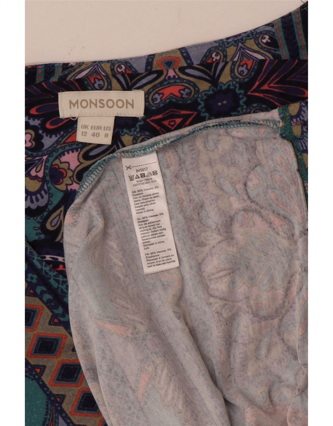 MONSOON Abito a trapezio da donna a maniche lunghe UK 12 Paisley medio multicolore