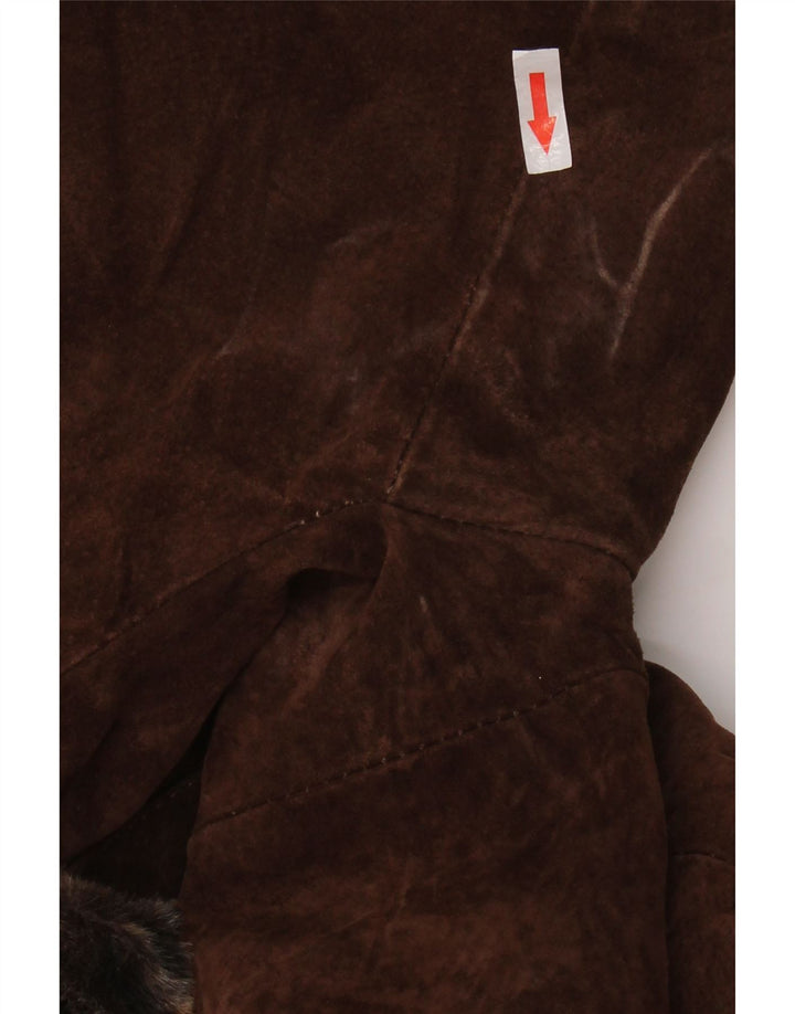 Soprabito vintage da donna in pelle scamosciata UK 14 grande pelle marrone con stampa animalier