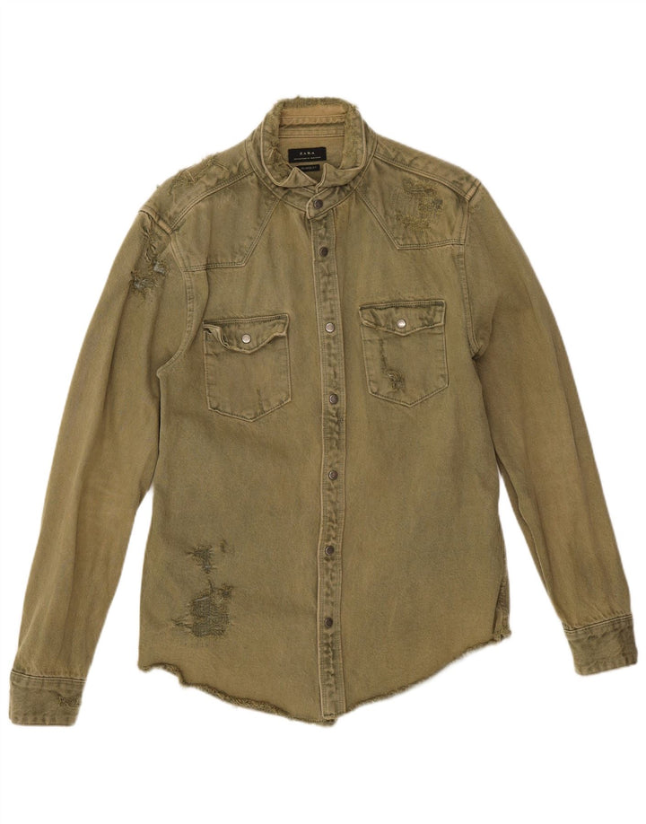Camicia di jeans Zara da uomo, vestibilità rilassata, in cotone kaki medio