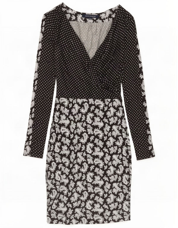 French Connection Abito tubino a maniche lunghe da donna UK 8 piccolo nero con motivo cachemire