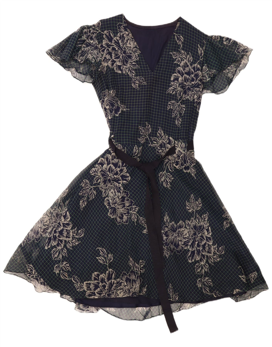 Abito a trapezio da donna VINTAGE UK 12 medio blu navy floreale