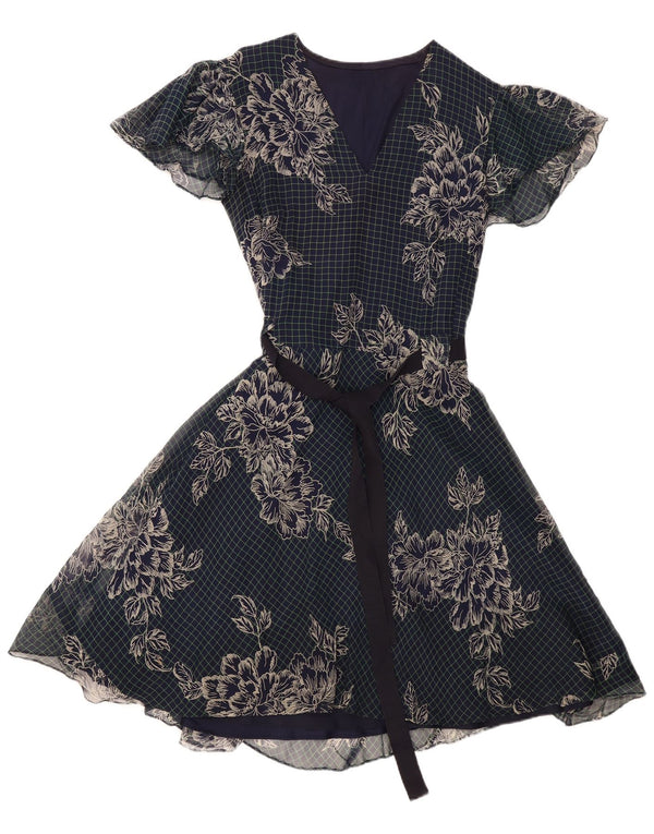 Abito a trapezio da donna VINTAGE UK 12 medio blu navy floreale