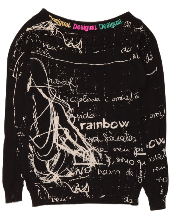 Desigual maglione da donna con scollo a barca con grafica UK 12 cotone medio nero
