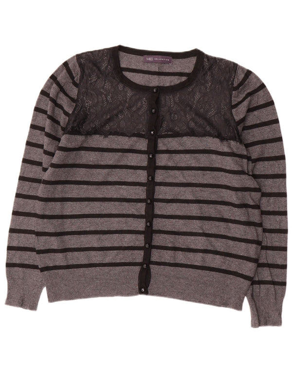 MARKS & SPENCER Maglione cardigan corto da donna UK 14 Grigio medio a righe