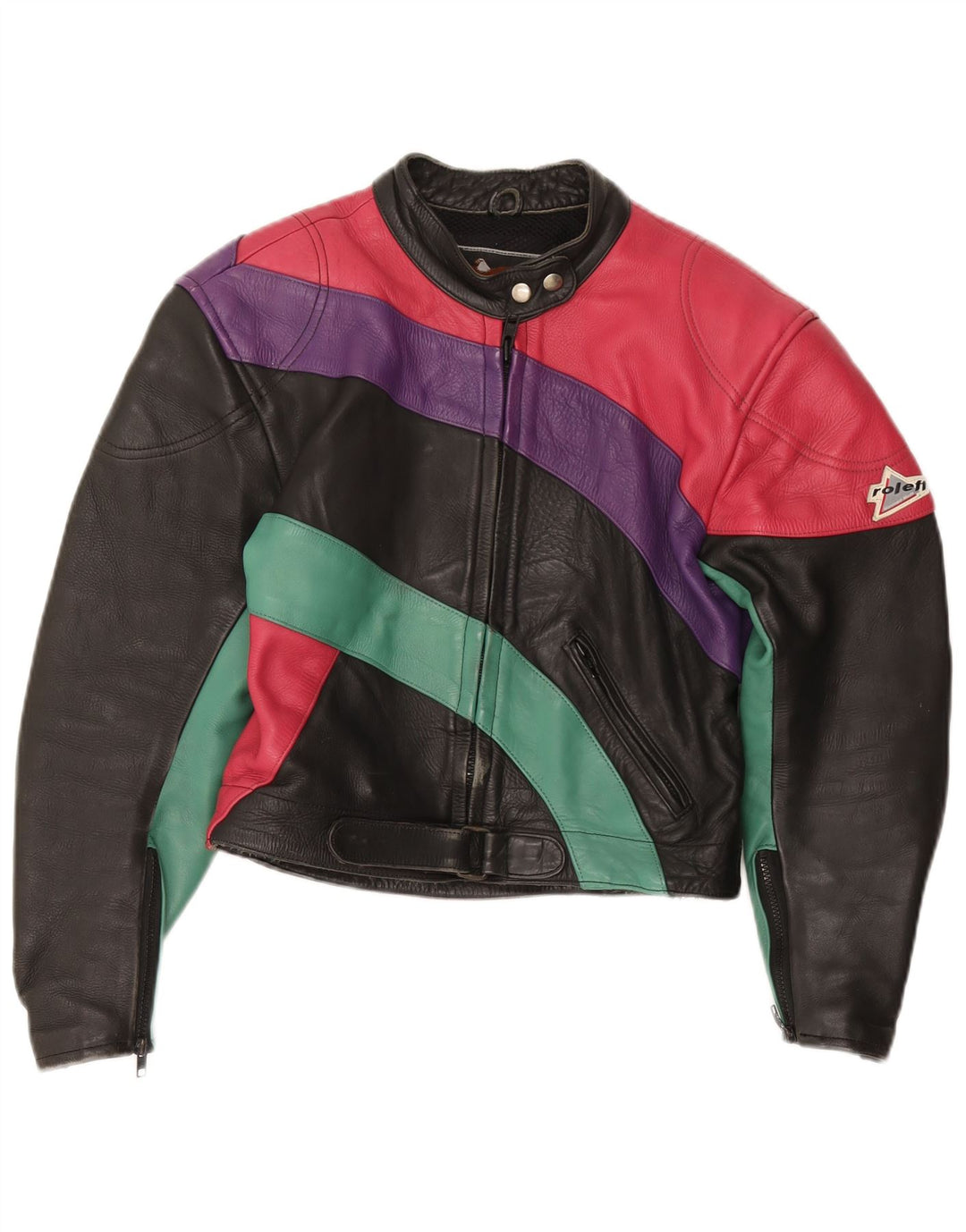 ROLEFF Giacca corta da donna UK 14 Grande moto in pelle nera color block