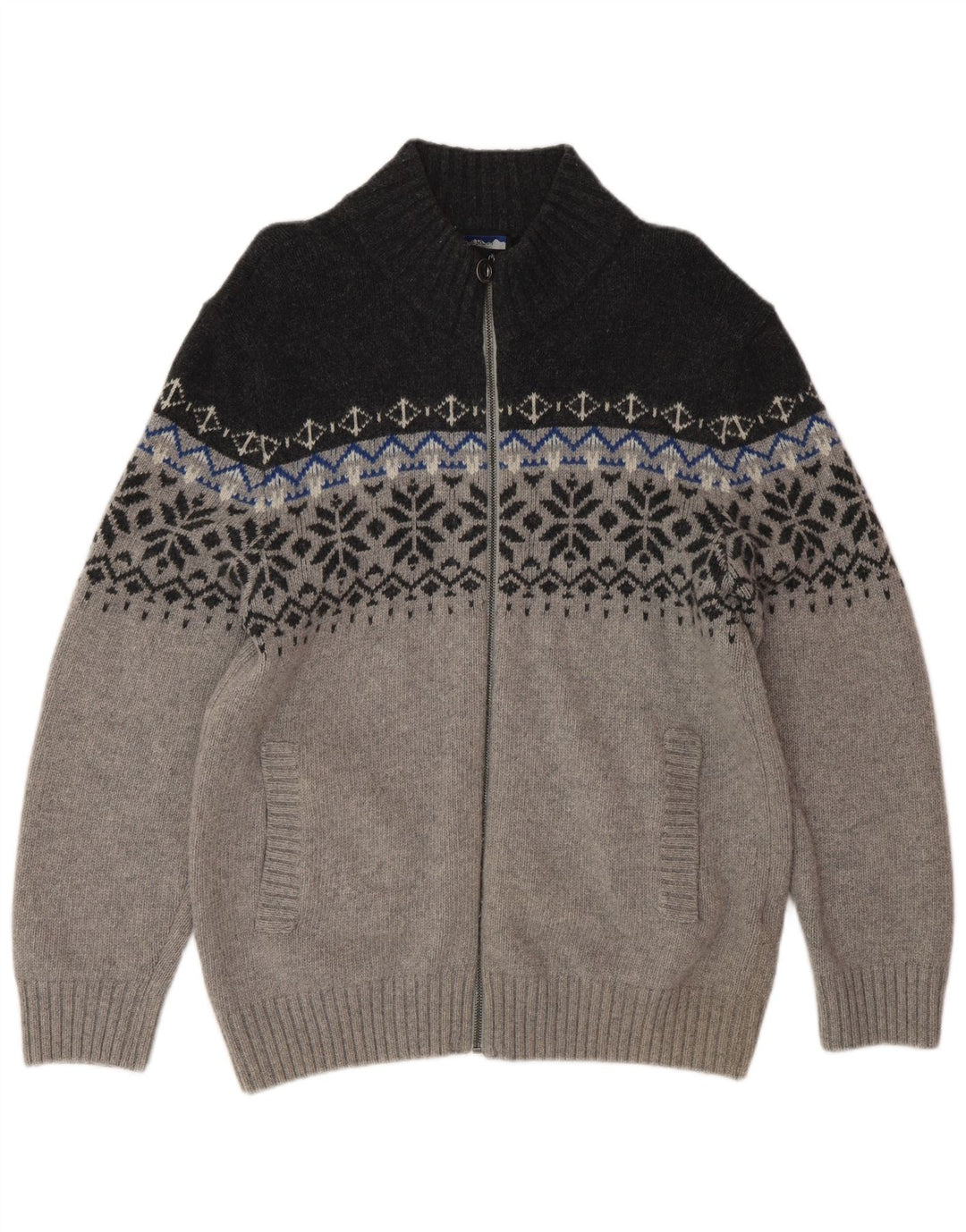NORTH ROUTE Maglione da uomo con zip e collo grande grigio Fair Isle