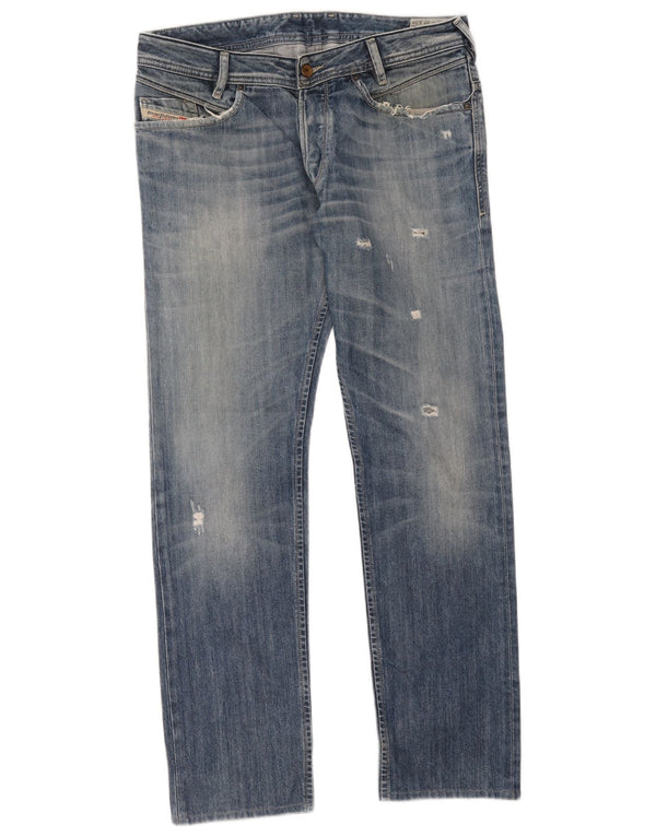 Jeans dritti da uomo Diesel Poiak effetto consumato W33 L34 cotone blu