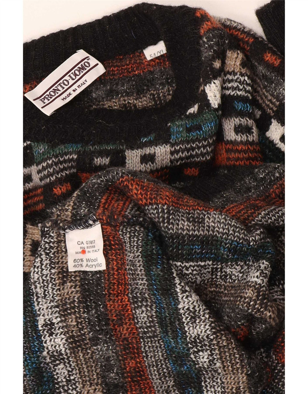 Maglione vintage da uomo girocollo IT 54 XL in lana geometrica multicolore